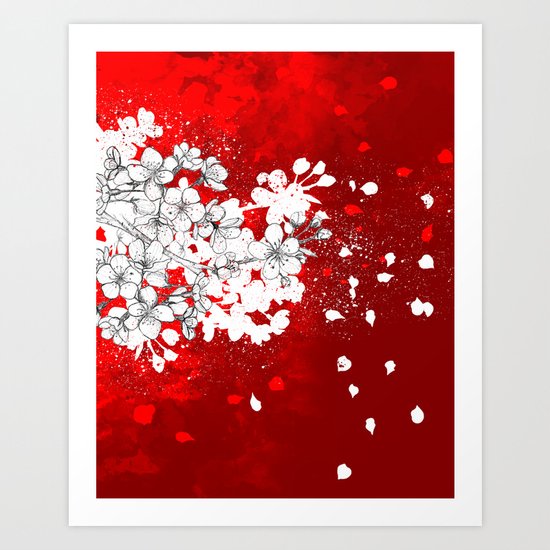 Red skies and white sakuras Art Print