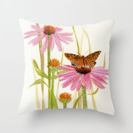 Pink Coneflower Butterfly Watercolor Throw Pillow