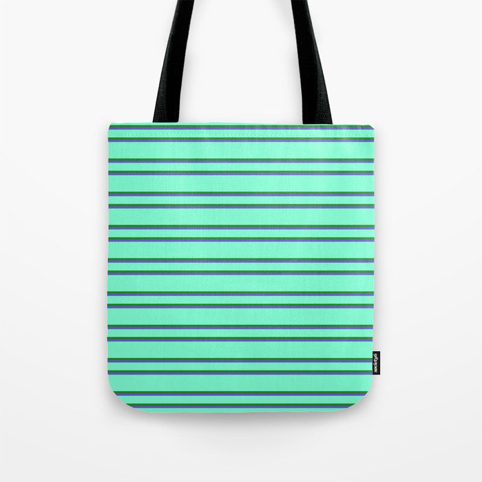 Aquamarine, Forest Green, and Slate Blue Colored Lined Pattern Tote Bag