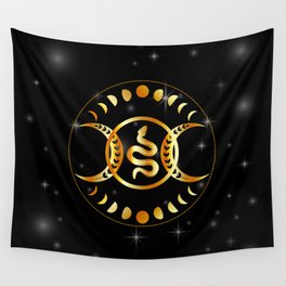 Mystic snake gold mandala with triple goddess and moon phases Wall Tapestry