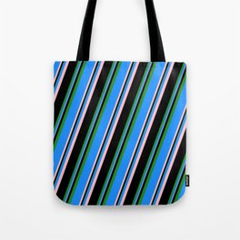 [ Thumbnail: Blue, Pink, Black, and Forest Green Colored Striped Pattern Tote Bag ]