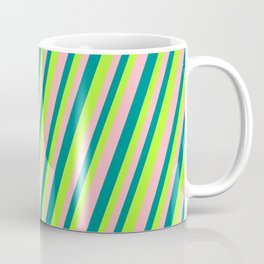 [ Thumbnail: Dark Cyan, Light Green, and Light Pink Colored Lined Pattern Coffee Mug ]