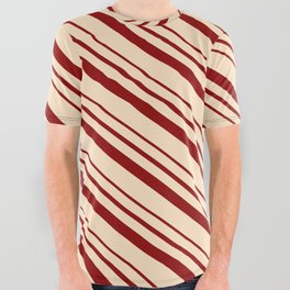 [ Thumbnail: Bisque & Dark Red Colored Lines/Stripes Pattern All Over Graphic Tee ]