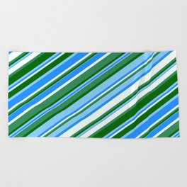 [ Thumbnail: Eye-catching Blue, Mint Cream, Sea Green, Dark Green & Light Sky Blue Colored Lined Pattern Beach Towel ]