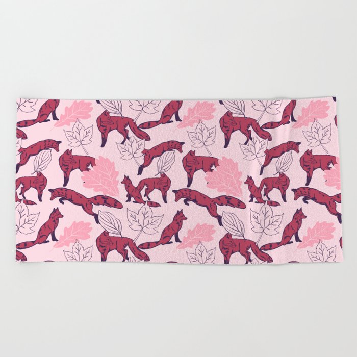 Red fox on a woodland walk on a pink background Beach Towel