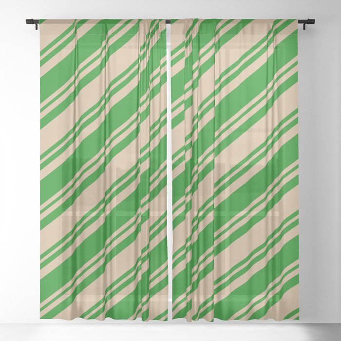 Tan and Green Colored Lined Pattern Sheer Curtain