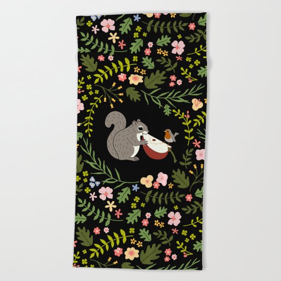 Friendship in Wildlife_Squirrel and Robin_Bg Black Beach Towel