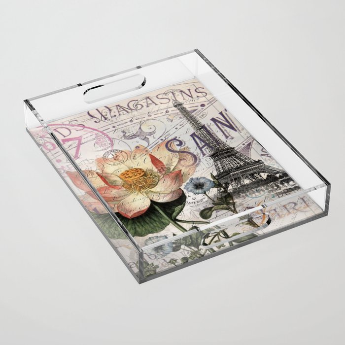french scripts lotus floral vintage paris eiffel tower Acrylic Tray