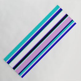 [ Thumbnail: Eye-catching Dark Turquoise, White, Plum, Blue & Black Colored Lined/Striped Pattern Yoga Mat ]