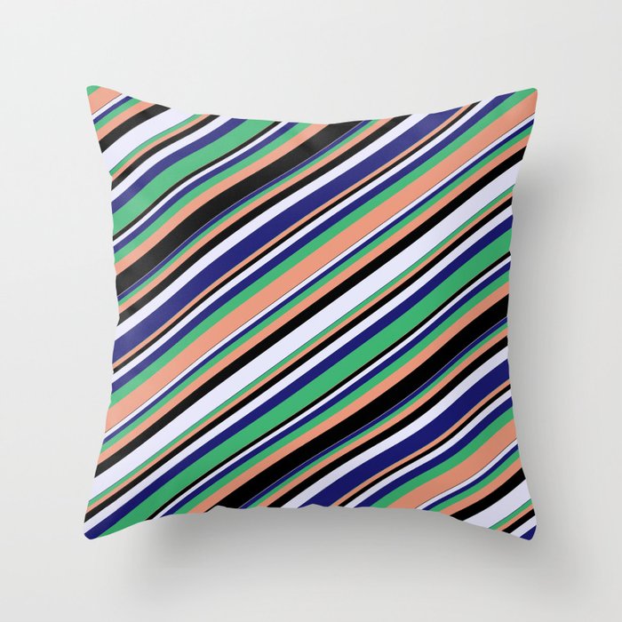 Eyecatching Sea Green, Dark Salmon, Black, Lavender & Midnight Blue Colored Lines/Stripes Pattern Throw Pillow