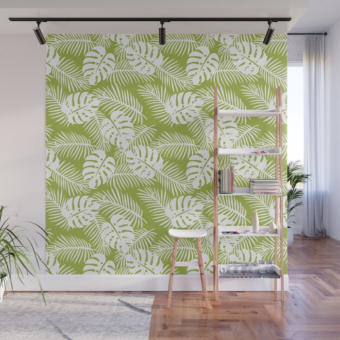 Olive Green Jungle Palm Leaves Pattern Wall Mural By Moonfluff