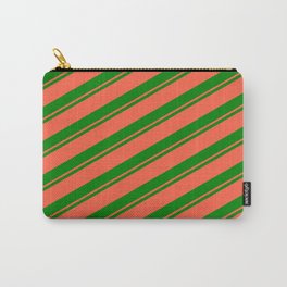 [ Thumbnail: Green & Red Colored Pattern of Stripes Carry-All Pouch ]
