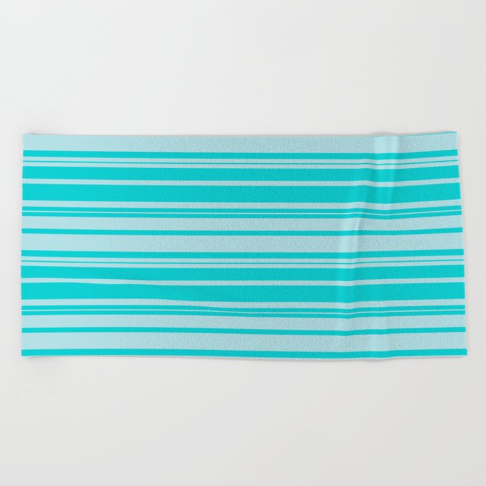 Dark Turquoise and Powder Blue Colored Striped Pattern Beach Towel