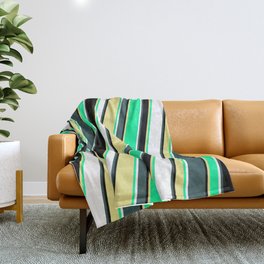 [ Thumbnail: Dark Slate Gray, Black, Tan, Green, and White Colored Lines Pattern Throw Blanket ]