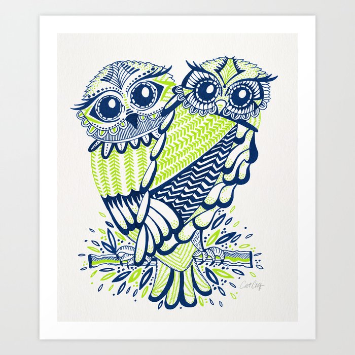 Owls – Navy & Lime Art Print