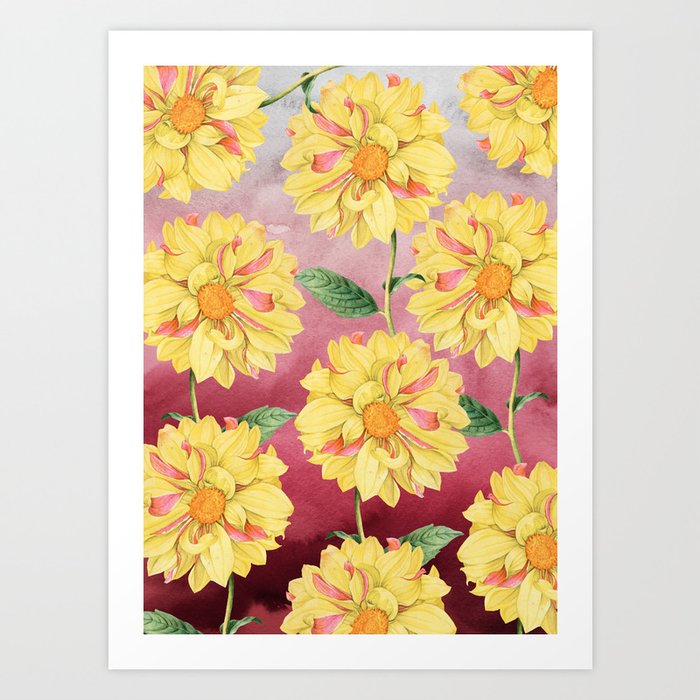 Yellow Dahlias Burgundy Aqua Art Print