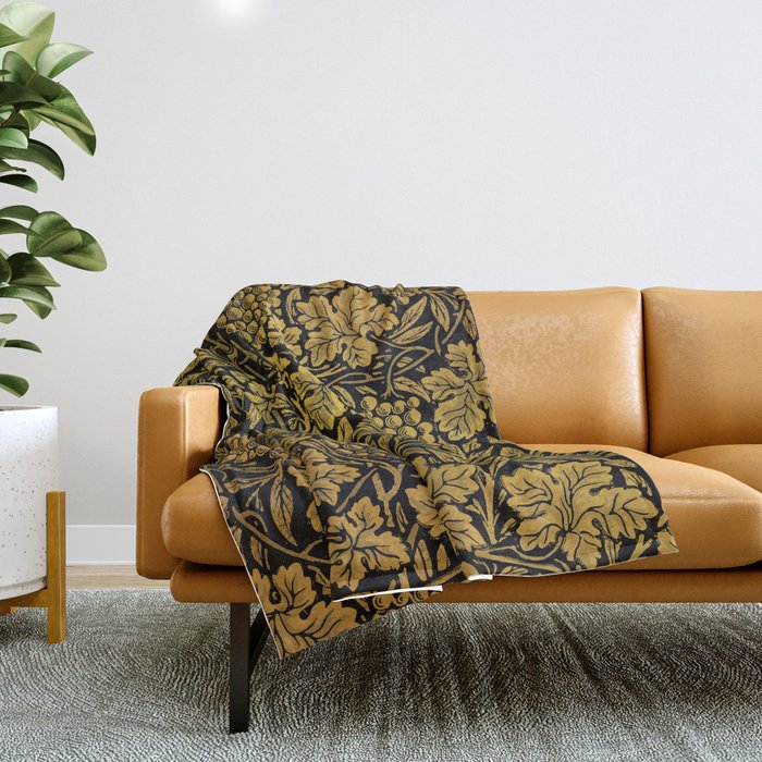 William Morris Vintage Black And Gold Grape Vine Wallpaper Pattern Throw Blanket