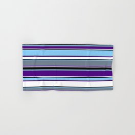 [ Thumbnail: Light Sky Blue, Slate Gray, Indigo, White, and Black Colored Lines/Stripes Pattern Hand & Bath Towel ]