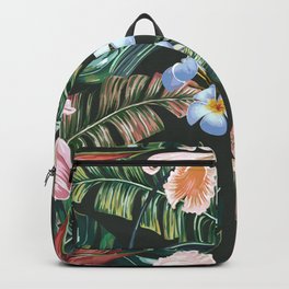 Tropical floral seamless vintage pattern background with exotic flowers, palm leaves, jungle leaf, orchid, bird of paradise flower. Botanical wallpaper illustration in Hawaiian style Backpack