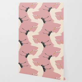 Pink Japanese Cranes Pattern Wallpaper