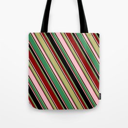 [ Thumbnail: Colorful Pink, Black, Dark Khaki, Sea Green & Dark Red Colored Pattern of Stripes Tote Bag ]