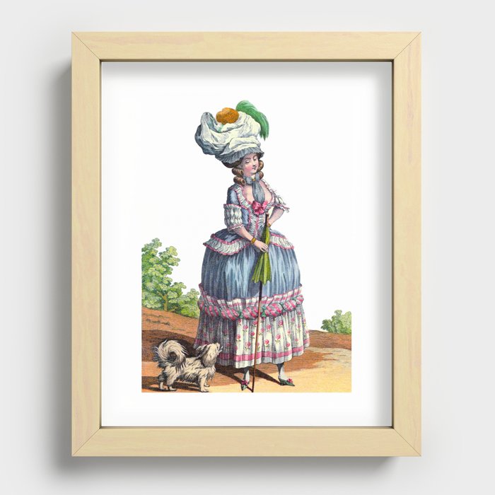 Vintage French Lady & Dog 18th Century Rococo Fashion Drawing, Blue & Pink Recessed Framed Print