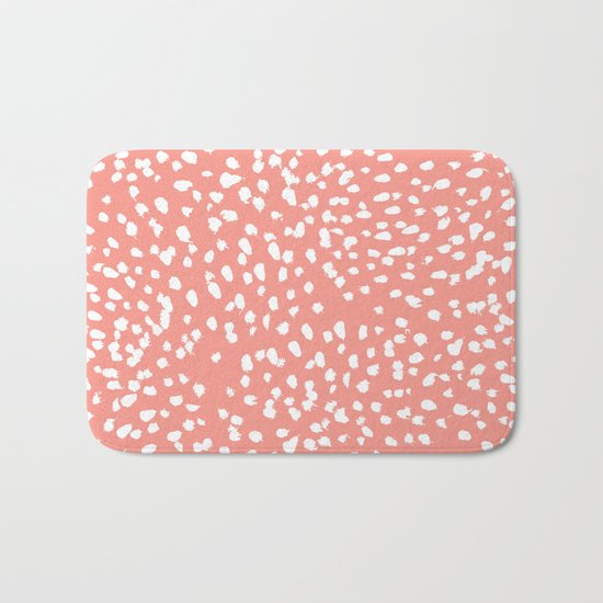 Coral and white minimal painted dots pattern dotty print decor for minimal home office dorm college Bath Mat