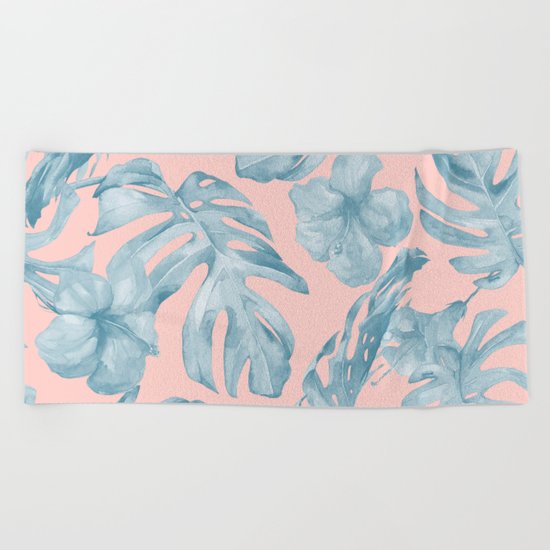 Island Life Pale Teal Blue on Millennial Pink Beach Towel