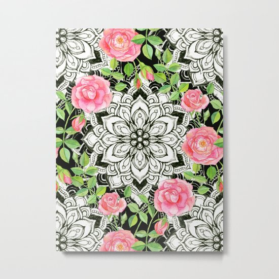 Peach Pink Roses and Mandalas on Black and White Lace Metal Print