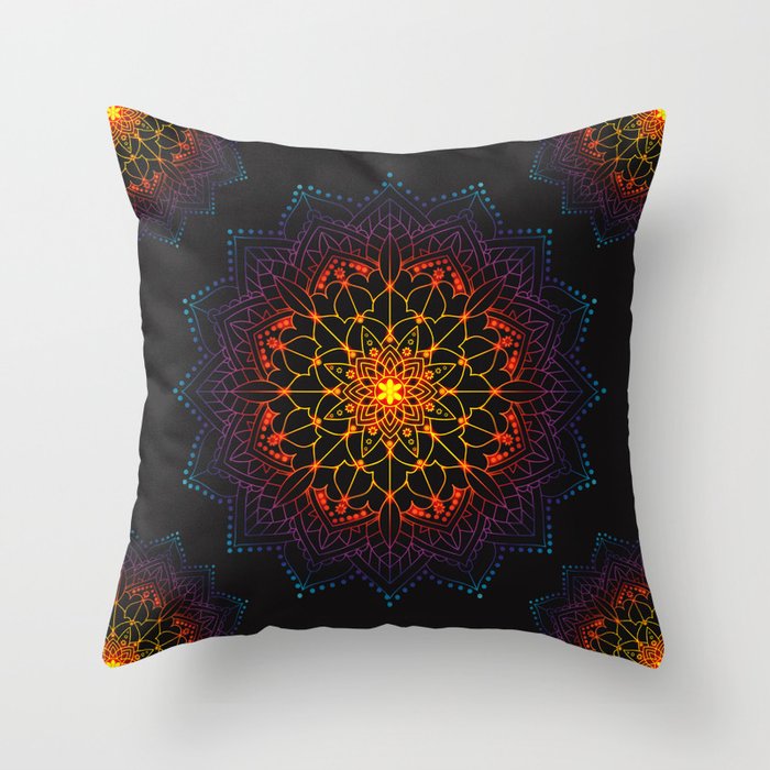 Glowing Shamballa Bohemian Mandala Black Blue Purple Orange Yellow Glowing Shamballa Bohemian Mandala Black Blue Purple Orange Yellow Throw Pillow