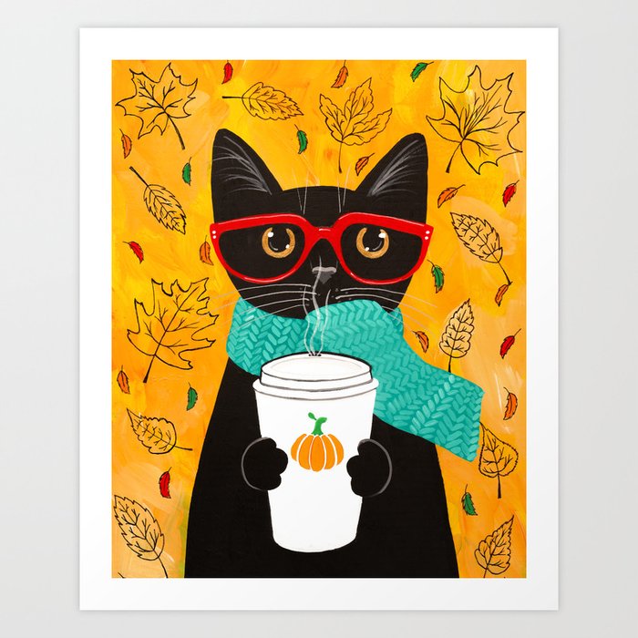 Autumn Black Coffee Cat Art Print