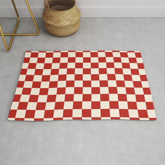 Checkerboard Mini Check Pattern in Retro Red and Cream Rug