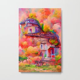 AUTUMN COTTAGE #3 Whimsical Colorful Fall Season Woodland Forest House Watercolor Painting Metal Print | Cozy, Whimsical, Painting, Watercolor, Witchy, Autumn, Fall, Woodland, Season, Nature 