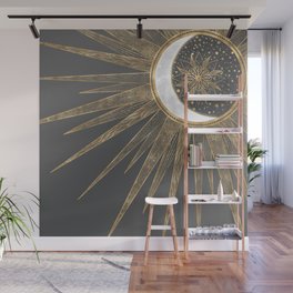 Elegant Gold Doodles Sun Moon Mandala Design Wall Mural