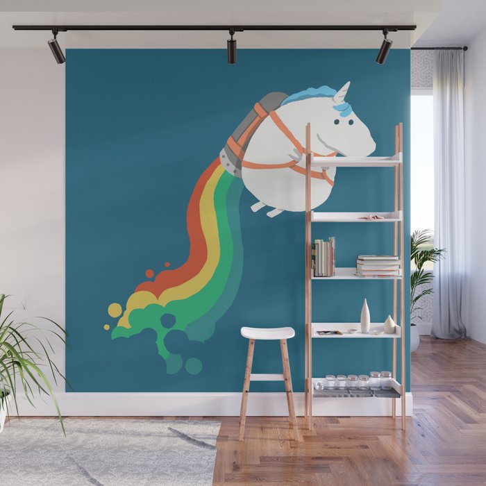 Fat Unicorn on Rainbow Jetpack Wall Mural