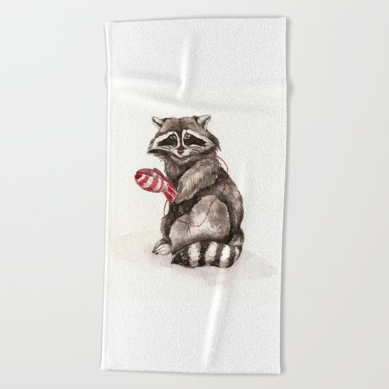Pensive Raccoon in Red Mittens. Winter Season. Beach Towel