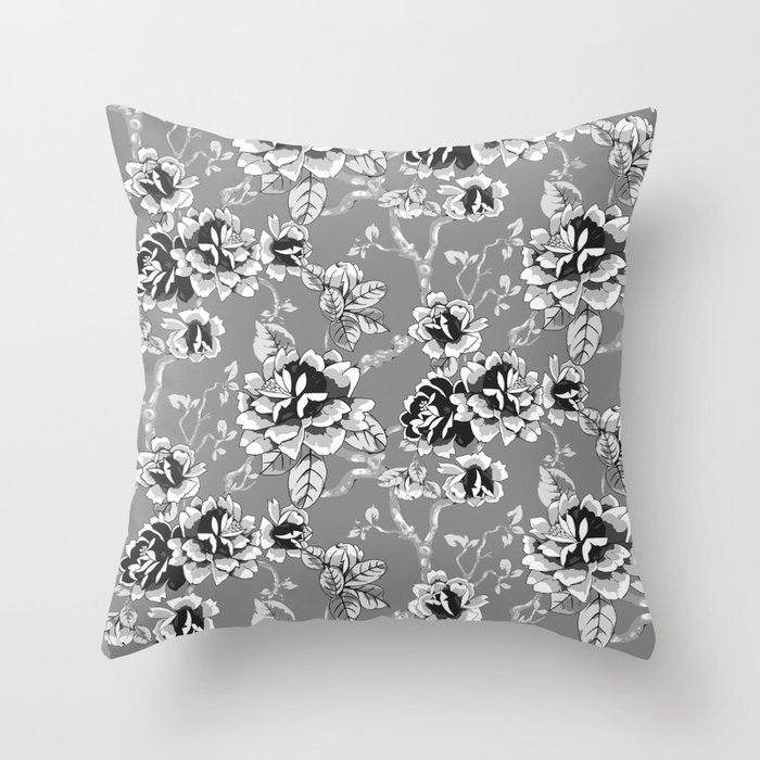 Spring Flowers Pattern Black and White Throw Pillow