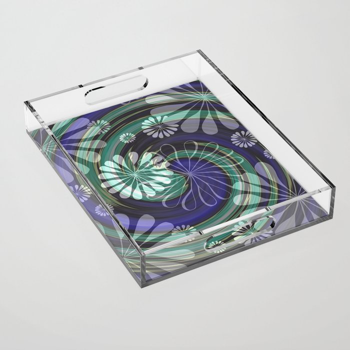 Floating White Flowers Over Green and Purple Swirls Acrylic Tray