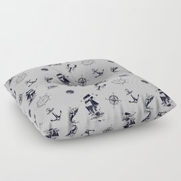 Light Grey And Blue Silhouettes Of Vintage Nautical Pattern Floor Pillow