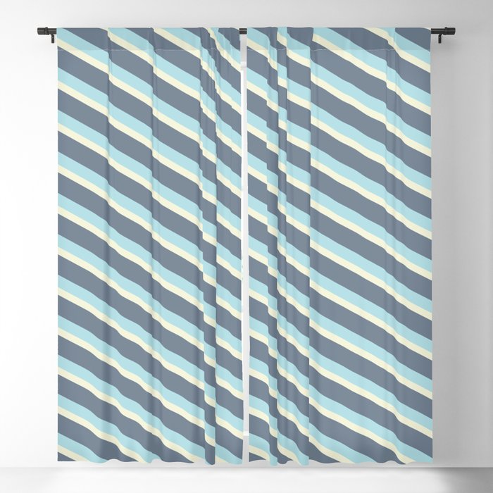 Powder Blue, Beige & Slate Gray Colored Stripes/Lines Pattern Blackout Curtain