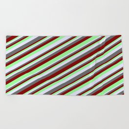[ Thumbnail: Maroon, Green, Lavender, and Dim Gray Colored Lined Pattern Beach Towel ]