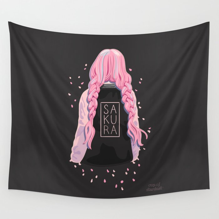 Sakura Girl Pink Petals & Black Background Wall Tapestry