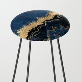 Deep Cerulean + Gold Abstract Shoreline Waves Counter Stool