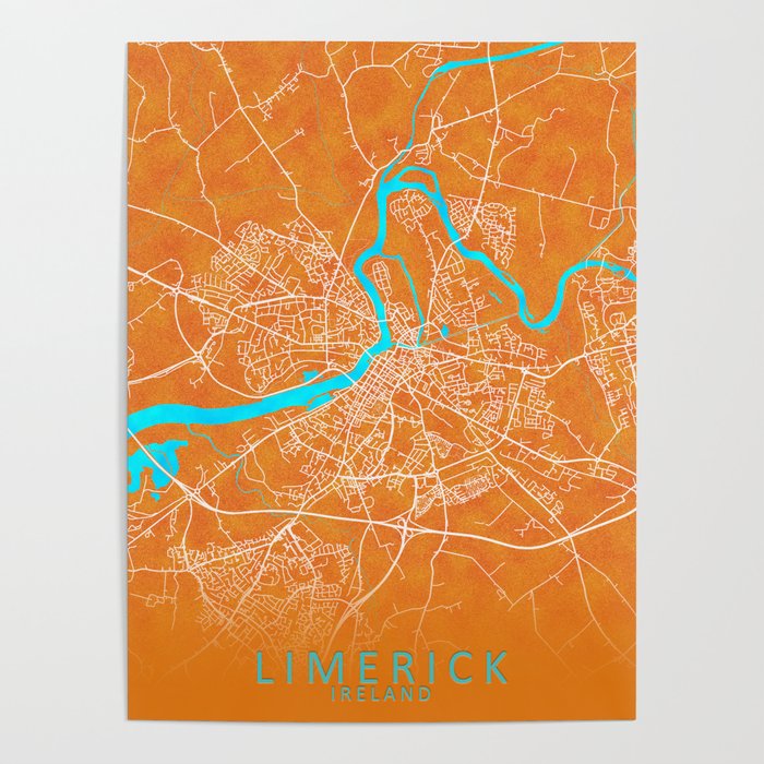 Limerick, Ireland, Gold, Blue, City, Map Poster by City Map Art Prints