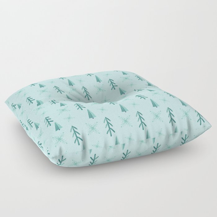 Christmas Pattern Watercolor Turquoise Tree Snowflake Floor Pillow