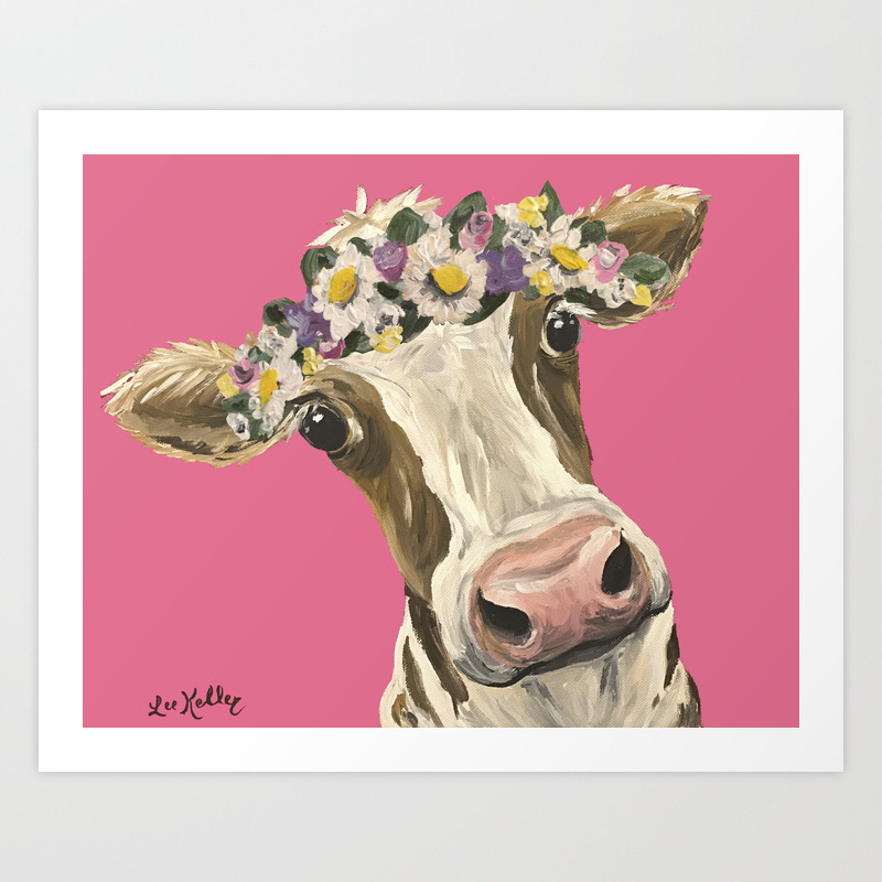 Cute Cow Art Colorful Flower Crown Cow Art Art Print By Leekeller