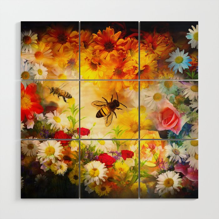 Summers garden floral bloom and bees Wood Wall Art