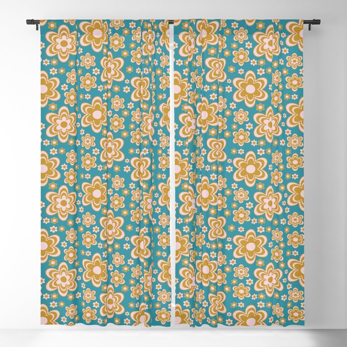 Blue Gold Floral Blackout Curtain