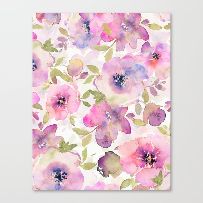 Pink And Purple Watercolor Spring Flower Garden  Canvas Print