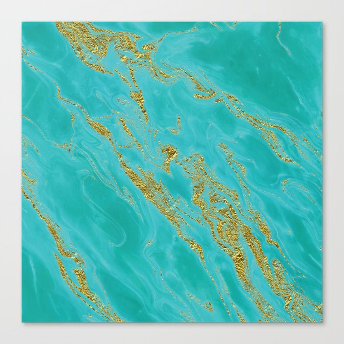 Luxury and glamorous gold glitter on aqua Sea marble Canvas Print